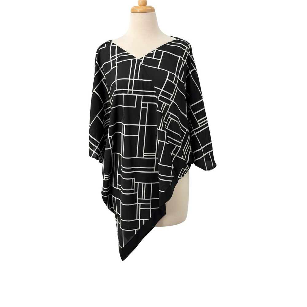 Vince Camuto Black White Geometric Grid Asymmetrical Batwing Blouse Large